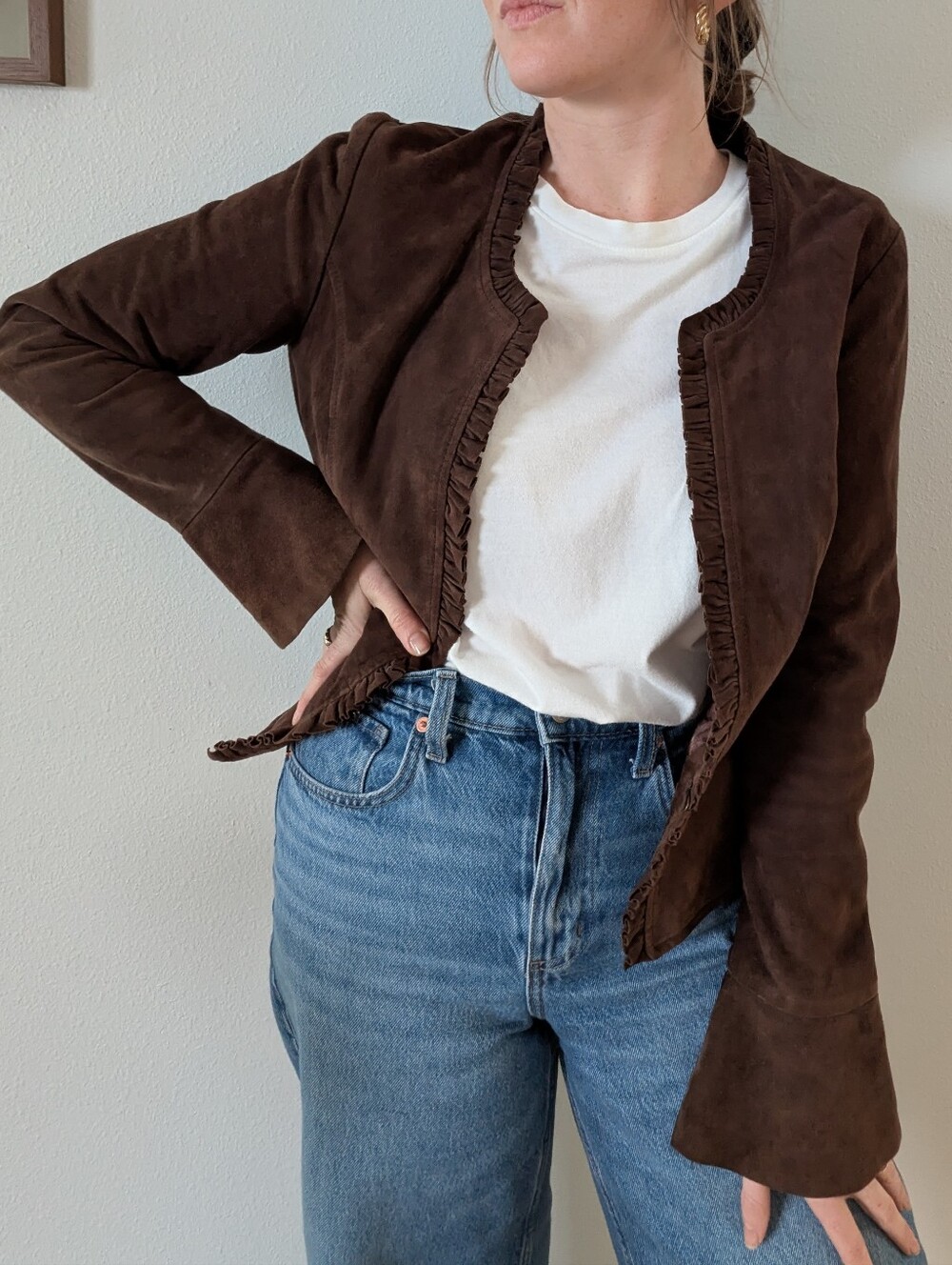 Vintage INC Chocolate Leather Ruffle Jacket
